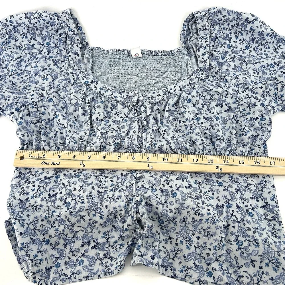 Cottagecore Blue Floral Peasant Top L Petite‎ Puff Sleeve Milkmaid Boho Romantic